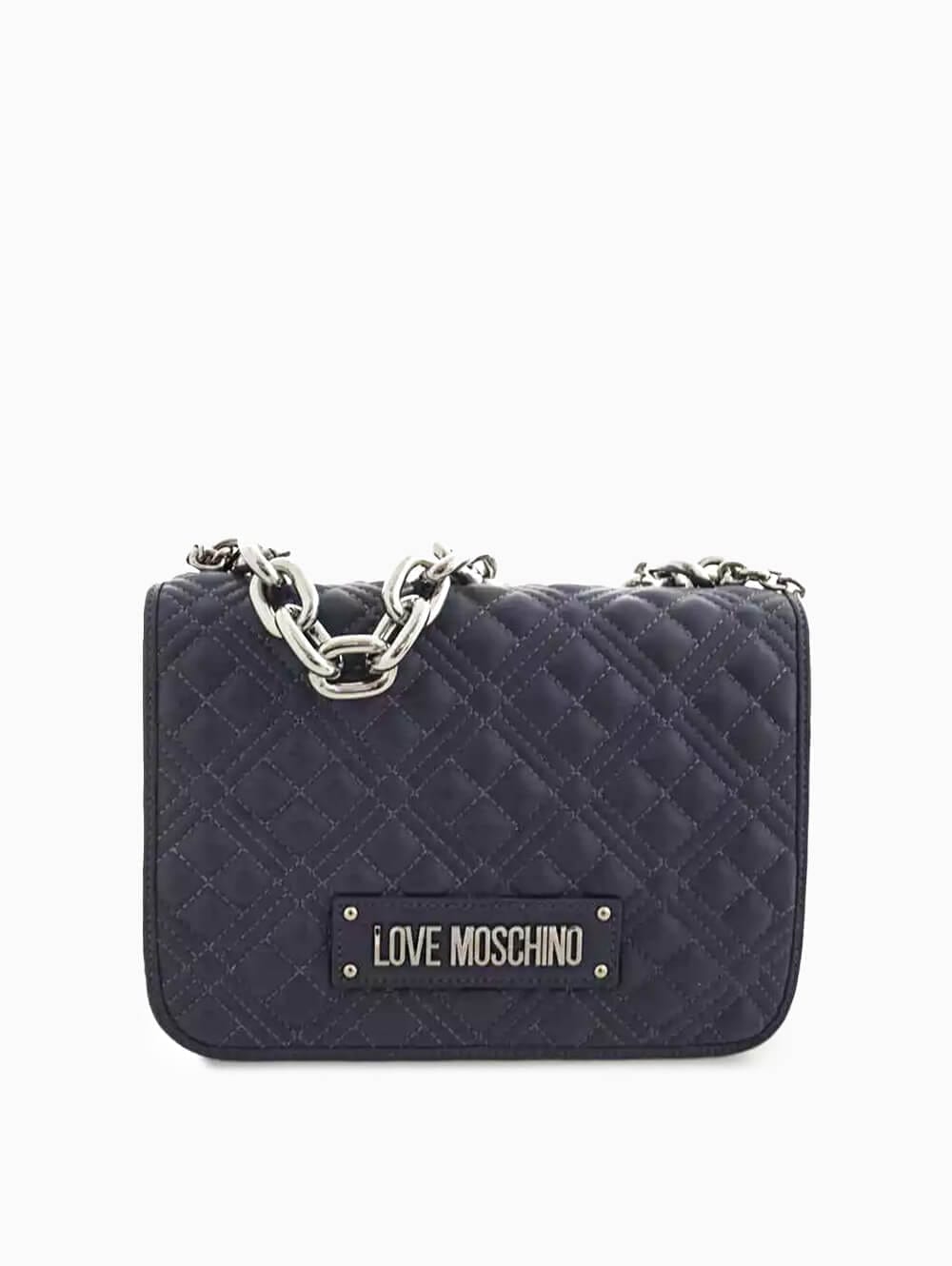 Blue Quilted Denim Bag with Chunky Chain & Gold Accents – Chic Shoulder/Crossbody